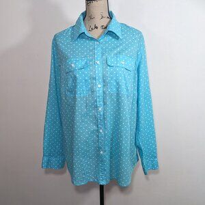 LRL Ralph Lauren Shirt Womens 1X Blue Polka Dot Button Up Long Sleeve Top Plus